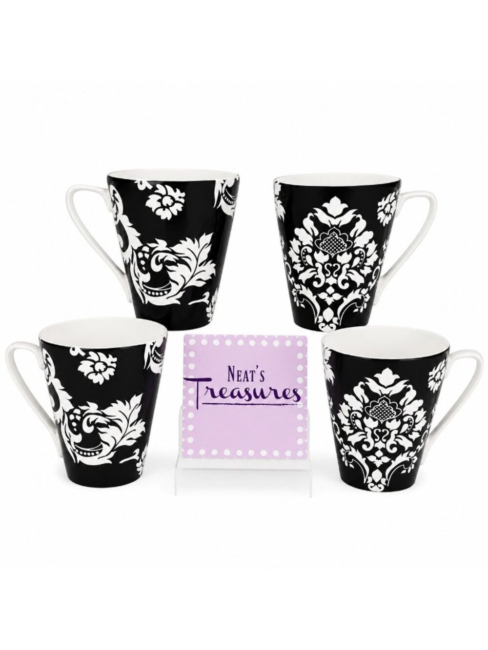 Home Target DAMASK Black White Scroll Floral Stoneware Flare Top Cups Mugs Set 4